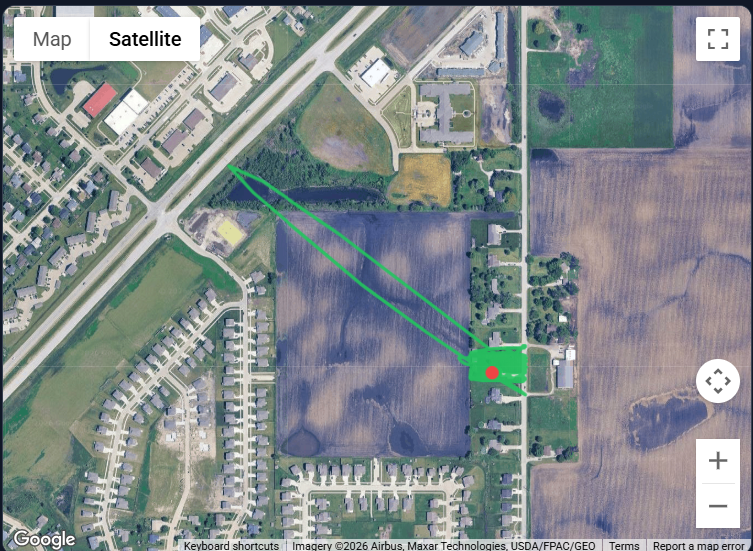 GPS path showing a wild detour across a bean field to the highway