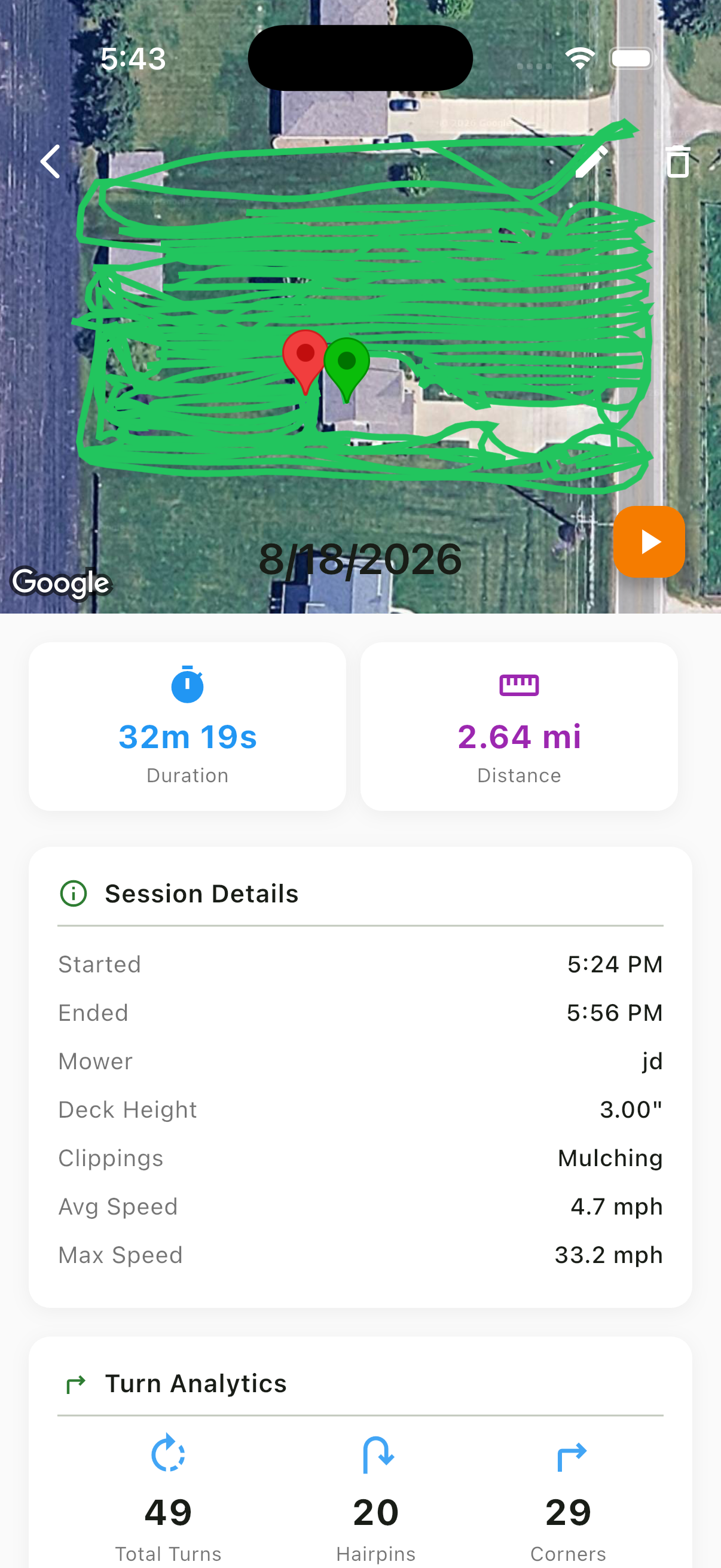 Clean GPS tracking path staying within the yard boundaries