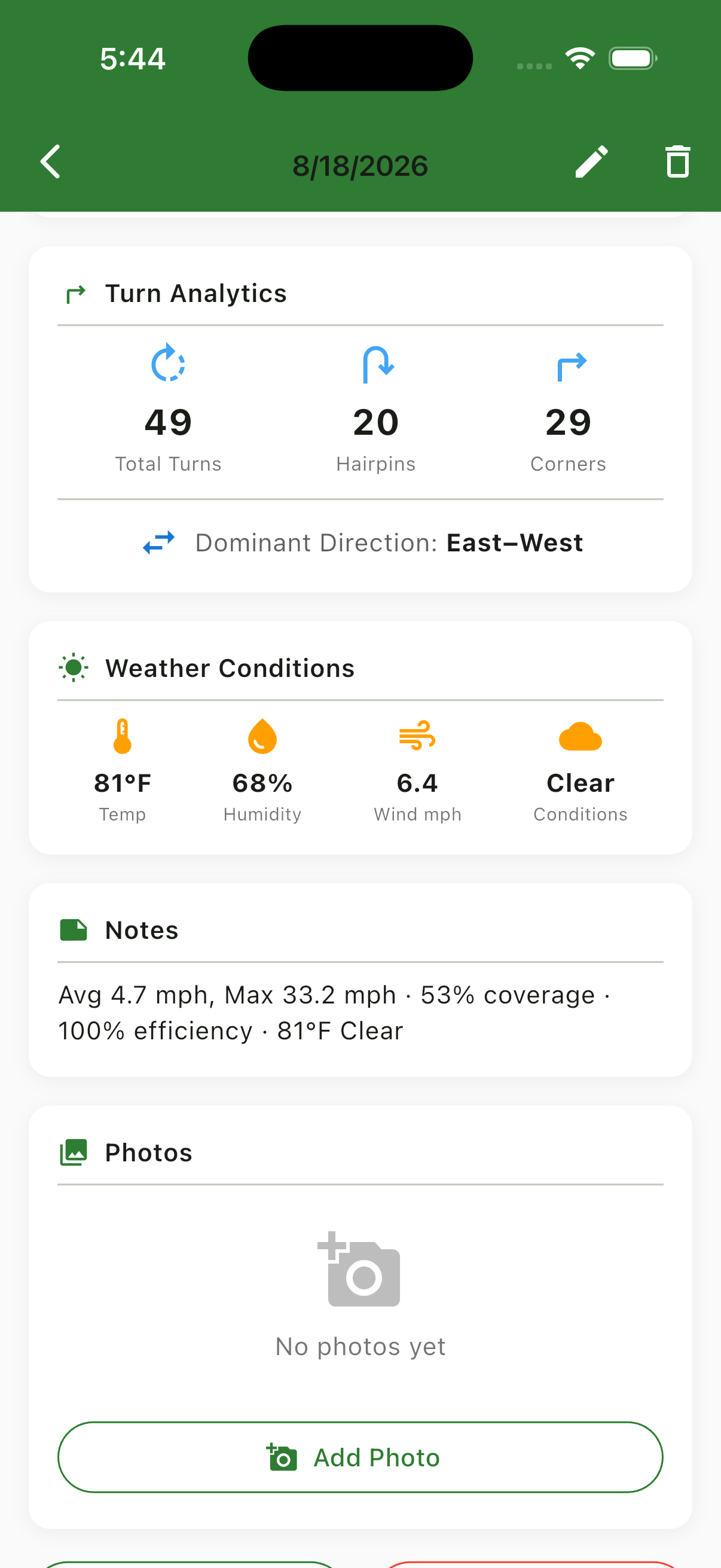 Session stats showing turn analytics, weather conditions, and notes